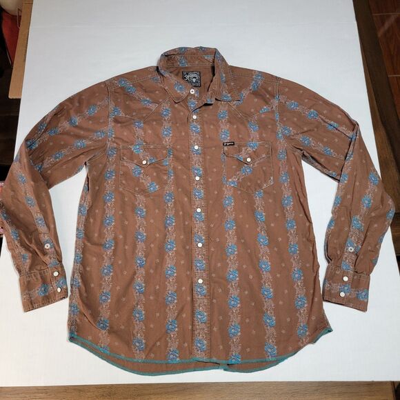 Southern Thread LS Full Pearl Snap Western Shirt Brown w Blue Flowers Size Large - Picture 2 of 5